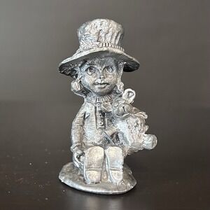 Vintage 1975 Ricker Pewter Miniature Girl with Teddy Bear Figurine Silver Tone